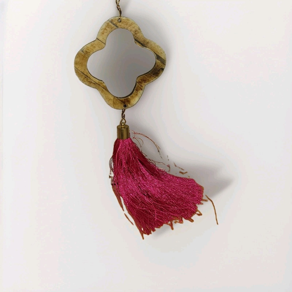 BELJOY Haiti Natural Horn Quatrefoil Pink Tassel Necklace 26"